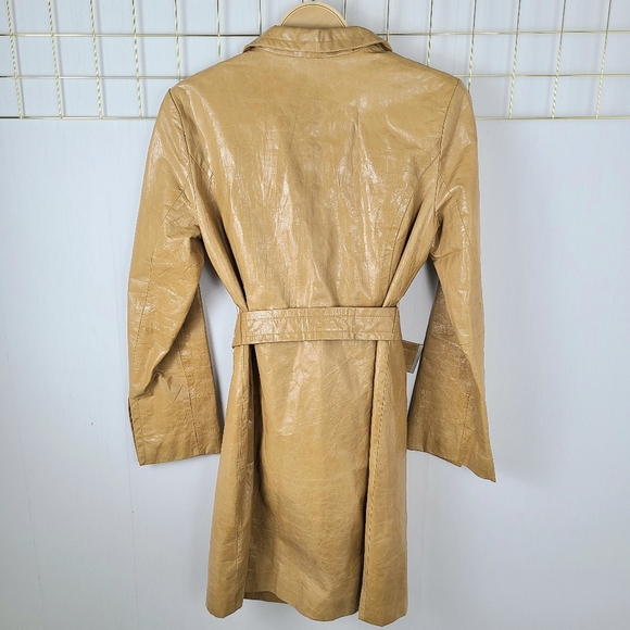 Express Y2K Tan Genuine Leather Vintage Belted Trench Coat - Picture 3 of 11